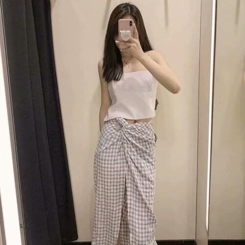 2021 Womens Fashion Sexy Bifurcation Skirt Knot Decoration Small Plaid Violet Color Shirring Vintage Female Skirt