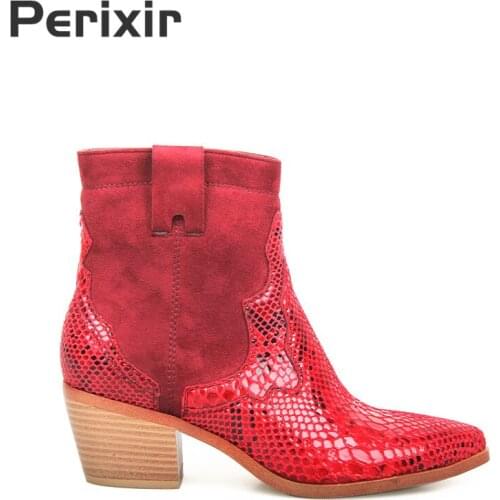 OIAH New Spring/Autumn Women Boots Ankle Boots Luxury Red Snakeskin Chelsea Boots Sexy Pointed Toe for Women Square heel