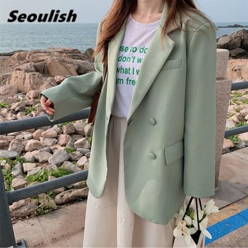 Seoulish New 2021 Spring Double Breasted Loose Womens Blazers Pockets Solid Female Formal Jackets Elegant Outerwear Chic Tops