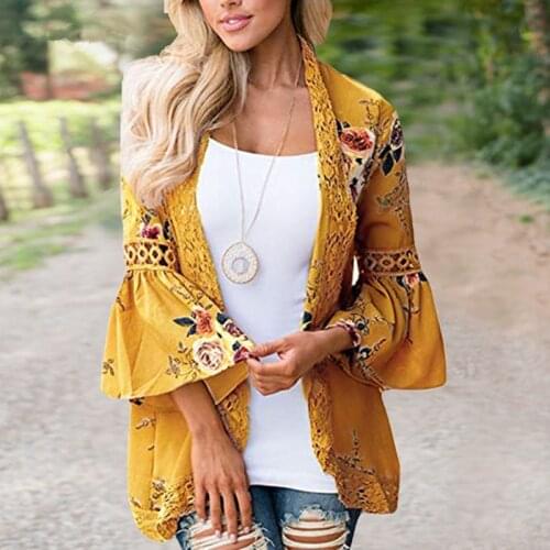 Women Cardigan Long Sleeve Female Tops Lace Cardigan Autumn Patchwork Floral Plus Size Lady Kimono Cardigan Outwear