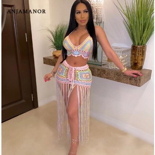 ANJAMANOR Sexy Crochet Tassel Two Piece Skirt Set Beach Dress Suit Summer Outfit Womens 2021 2 Piece Matching Sets D48-EB26