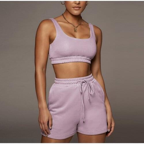 Summer Casual Women Sportswear Suits Crop Top And Drawstring Shorts Outfits Matching Purple Set Athleisure Two Piece Sets 2021