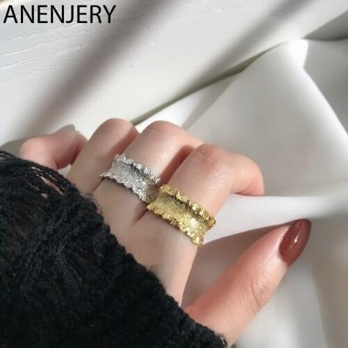 ANENJERY 925 Sterling Silver Texture Wide Irregular Ring For Women Hot Fashion Metal Korean Open Rings Ins Light Luxury Jewelry