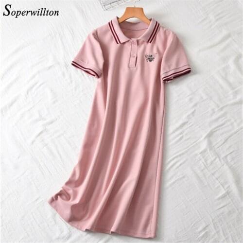 2020 Summer Short T Shirt Dresses Women embroidery Cotton Turn-down Collar Straight Short Dress Female Pink Black Green