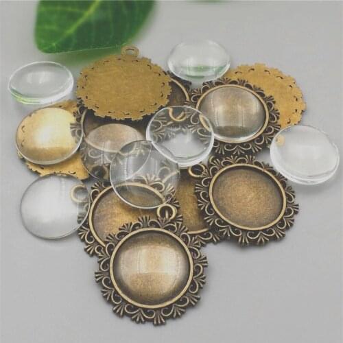 10sets/lot 20mm Round Antique Bronze Alloy DIY Cameo base Setting Pendant+Clear Glass Cabochons Beads Jewelry finding A1021