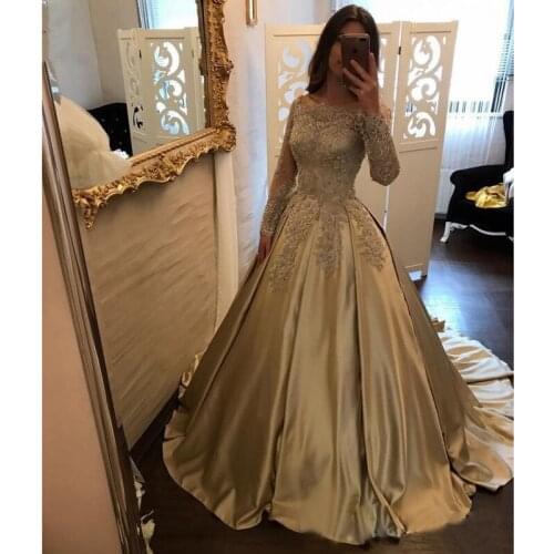 2019 Off Shoulder golden Lace Prom dresses Long Sleeves Vestidos de fiesta dress for graduation Formal Evening Prom Dresses