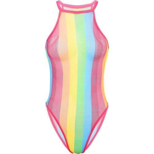 2021 Womens Sexy See Through Mesh Swimwear Lingerie Bodysuit Rave Rainbow Striped Fishnet Swimsuit Bikini Beachwear Leotard