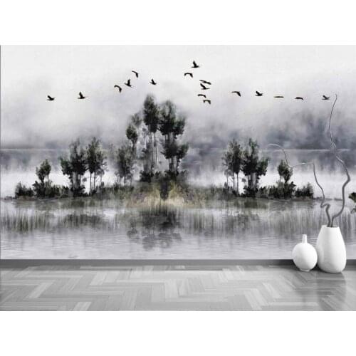 Custom photo 3d wallpaper Modern minimalist hand drawn smoke forest flying bird decor 3d wall murals wallpaper for walls 3 d