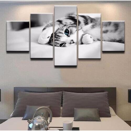 5 Pieces Wall Art Canvas Painting Animal Poster Kitten On Bed Modular Modern Pictures Nordic LIving Room Decoration Home