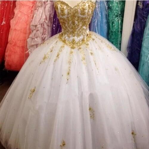 Free shipping Custom Made New Quinceanera Dress 2021 New gold lace apploque Ball Gown Dresses For 15 16 Years Prom Party Dress