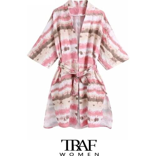 TRAF Za Women Fashion With Belt Tie-Dye Loose Kimono Blouses Vintage Three Quarter Sleeve Side Slit Female Shirts Chic Top