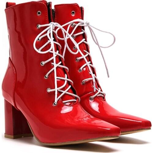 Patent Leather Thick Heel Winter Simple All-Match Solid Color Short Boots With Pointed Toe High-Heeled Cross Strap Womens Boots