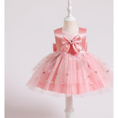 1 Year Baby Girl Clothes Newborn Christening Princess Birthday Party Children Baptism Summer Dresses Pink Beading Bow Vestidos