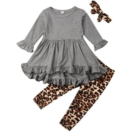 Toddler Baby Girl Leopard Print Long Sleeve Tops Dress + Pants + Bow Hairband Outfits Clothes