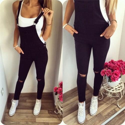 Women Slim Denim Jumpsuits Overalls Balck Bib Pants Straps Jumpsuit Rompers Suspender trousers Long Pants