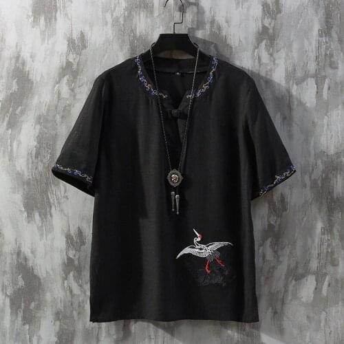 2021 New Men’S Summer Cotton Linen T Shirt Male Chinese Style Short Sleeve T-Shirt Crane Embroidery Linen Tang Suit Tops 30719