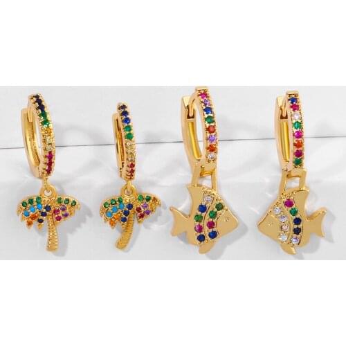 Crystal Gold Coconut Tree Drop Earrings for Women Micro Pave Colorful Zircon Fish Dangle Earrings CZ Trendy Jewelry erss68