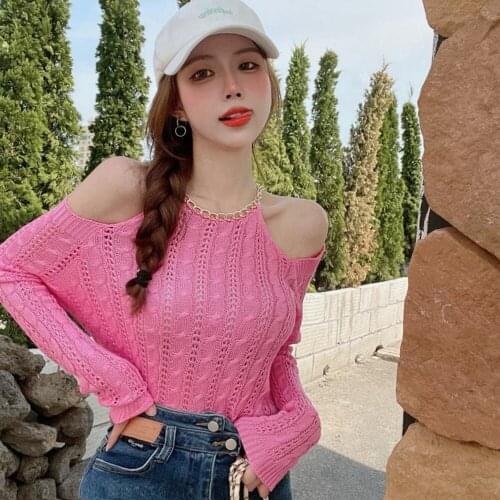 Korean Sexy Off Shoulder Solid Ladies Tops Spring Autumn New Womens Clothing Hollow Out Knitted Sweater Hipster Loose Sweaters