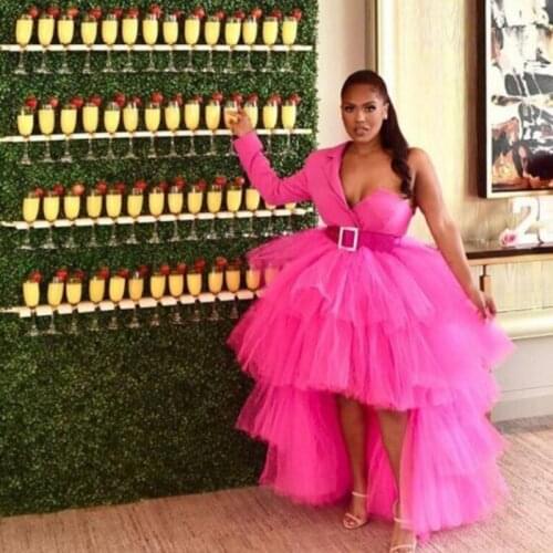 Fashion Tiered Women Dresses One Shoulder Floor Length Hi Low Special Occasion Hot Pink Formal Event Dress V Neckline Ruffled