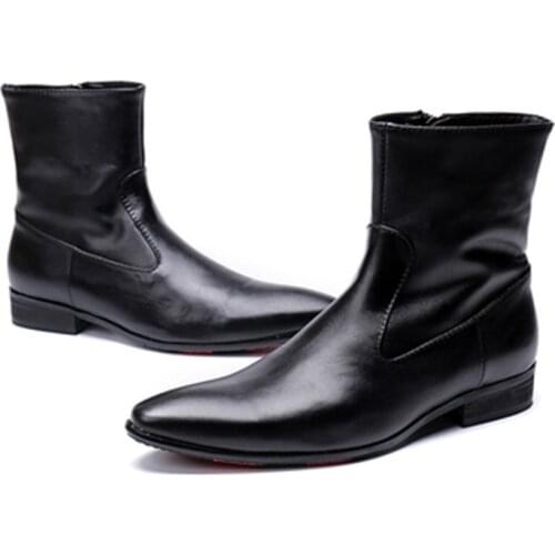 Mens Genuine Leather Black Zip Boots Elegant Black Boss Ankle Boots Dress Cowboy Shoes Italian Outdoor Winter Footwear High Top