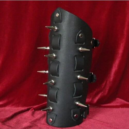 Mens Leather Woven Spiked Arm Bracer Black Vambraces Gauntlet With Straps Long Large Spikes Armband Armor Cuffs For Road Warrior