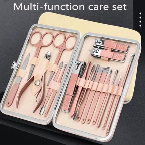 Dinorag 4-18pcs Stainless Steel Pedicure Professional Nail Clipper Set Cuticle Tweezer Manicure Function Beauty Tools Kit Pink