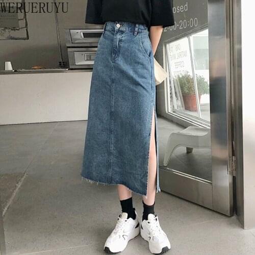 WERUERUYU 2020 New Women Denim Skirt High Waist Side Spilt Straight Skirt Korean Chic Fashion Streetwear Hot Skirt