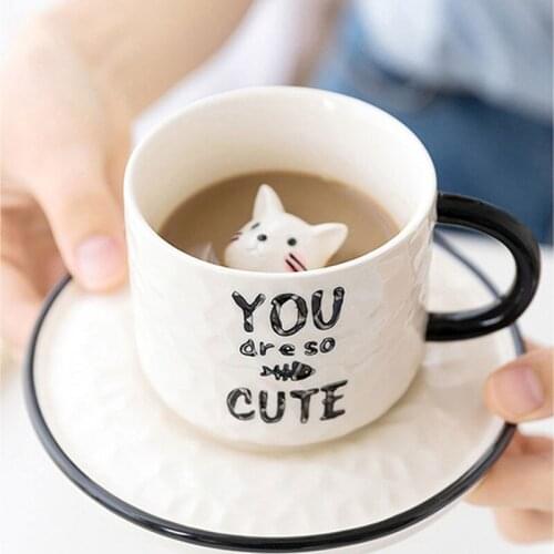 New Creative Cartoon Cat Mug Tray Kawaii Ceramic Coffee Cups Office Home Travel Teacup Cute Milk Mugs With Breakfast Plate Gift
