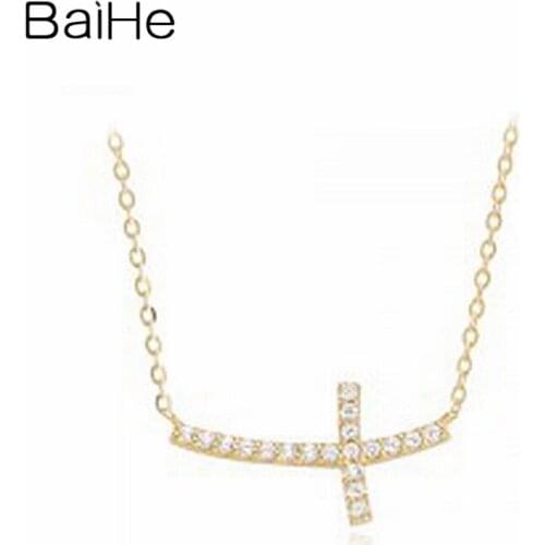 BAIHE Solid 18K Yellow Gold 0.10ct Round Natural Diamonds Anniversary Cute/Romantic Fine Jewelry Simple diamond cross Necklaces