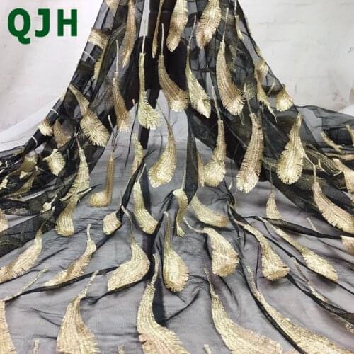 QJH 1yard refinement gold line feather three-dimensional embroidery Lace fabric DIY Sewing Fashion ladies dress lace cloth T3096