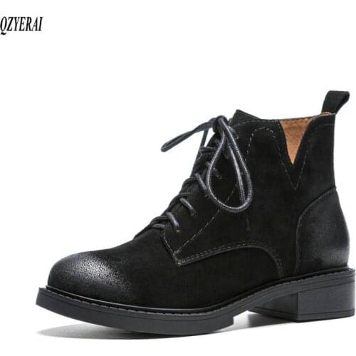 QZYERAI black Riding boots Genuine leather Female boots lace-up Womens boots Autumn winter cowhide Womens shoes Size 34-40