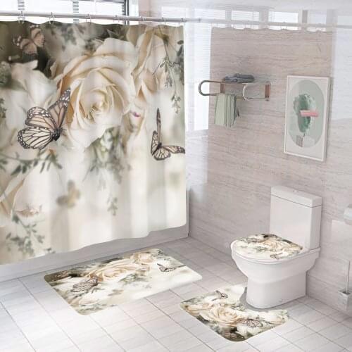Luxurious Butterfly Flower Printed White Rose Texture Shower Curtain Decor Bathroom Set Polyester Fabric With 12 Hooks