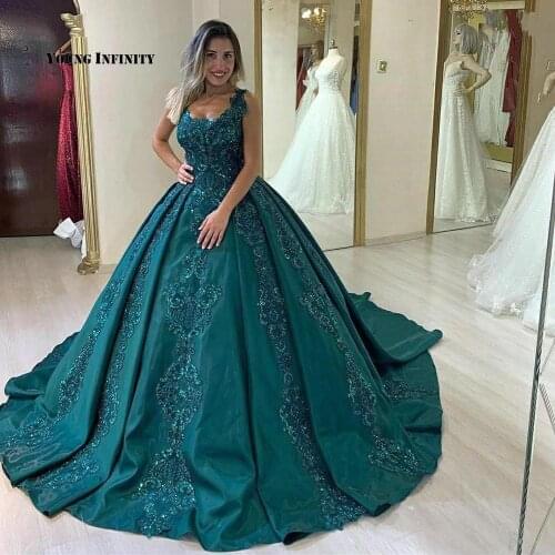 Peacock Blue Wedding Dresses Chic Lace Appliqued Beaded Satin Church Ball Gown Bride Dress Long 2020 Customized Vestido De Noiva
