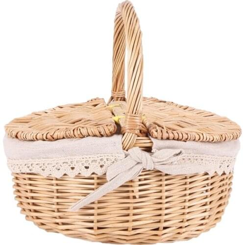 Handmade Wicker Basket with Handle Wicker Camping Picnic Basket with Double Lids Storage Hamper Basket with Cloth Lining Retail
