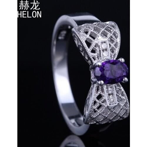 Sterling Silver 925 Classic Genuine Amethyst Art Deco Engagement Ring Vintage Wedding Natural Diamond Jewelry Ring Oval 4x6mm