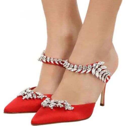 Glitter Twig Rhinestone High Heels Pointed Toe Crystal Flower Pumps Women Mules Satin Slippers Ladies Slingbacks Party Shoes