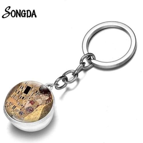 Vintage Gustav Klimt The Kiss Alloy Keychain Art Painting Double Sided Key Chain Romantic Crystal Jewelry for Lovers Gift