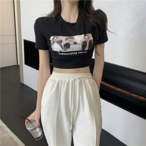 T-shirt womens summer new tight-fitting white printing short-sleeved shirt Korean round neck hot girl short t-shirt