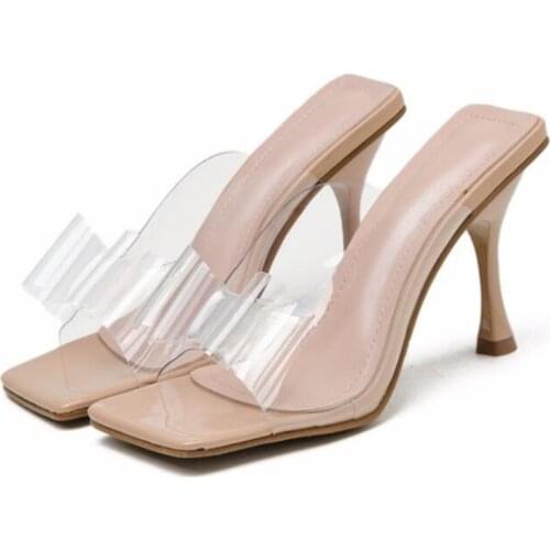 Women Sandals Thin High Heels Sandals Chaussures Femme Square Toe PVC 9CM Slip On sandalias mujer 2020 women shoes size 35-42