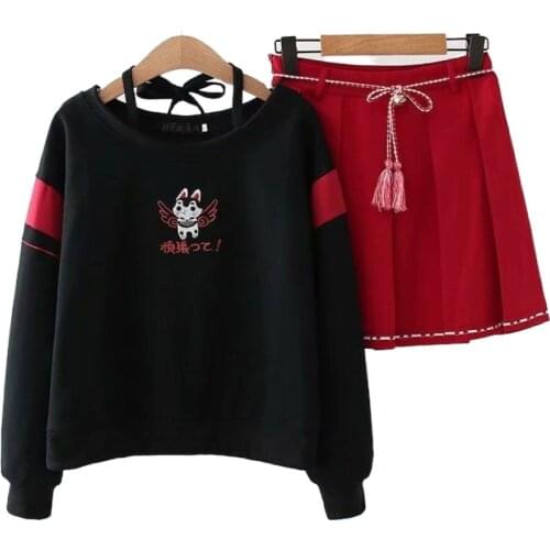 Autumn New Womens Sets Retro Chinese Style Cartoon Embroidery Tassel Pullover Sweatshirt + Pleated High Waist Skirt 2 Piece Set