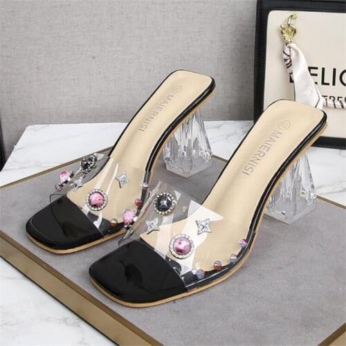 MAIERNISI Summer Elegant Pearl Women Pumps Fashion New Rivet Decoration High Heels Mules Slippers Square Toe Ladies Shoes T8-12