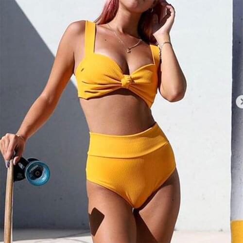 2021 Womens Summer Sexy Swimwear Yellow Knot Bra High Waist Shorts Underwear Set Belted Bikini Mini Bathing Swimsuit for Women