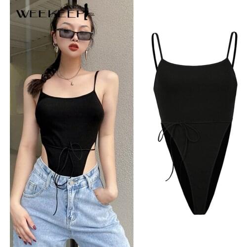Weekeep Sexy Womens Backless Black Bodysuit Sleeveless Lace Up Rave Club Bodycon Jumpsuit Summer Skinny Basic Tops Body Rompers
