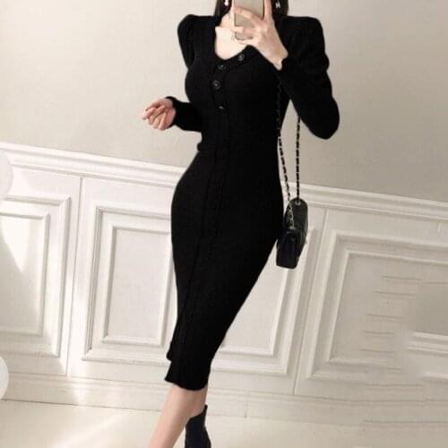 Womens Autumn Winter Sexy V-Neck Sheath Slim Knit Dress Vintage Elegant Korea Chic Female Sweater Vestidos
