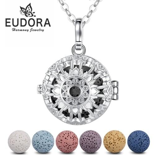 Eudora Harmony Sunflower Locket 7PC Volcanic Lava Stone Necklace For Women Aroma Diffuser Locket Pendant Necklace
