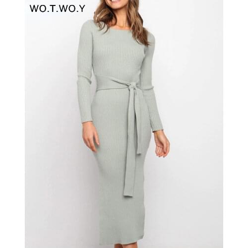 WOTWOY Elegant Autumn Bodycon Knitted Dress Women Sheath Wool Long Sleeve Dresses Women Solid Sashes Cotton Dress Femme 2020 New