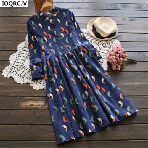 Spring Ladies Dress Fashion Vintage Printed Long-sleeved Corduroy Dresses Women Slim Large size Autumn Winter Bottom Dress H19