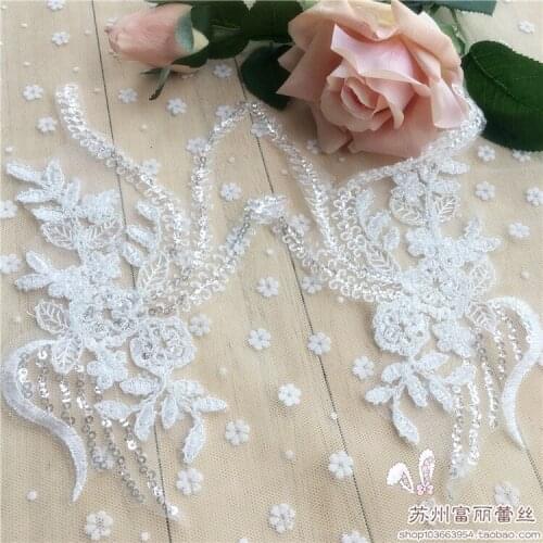 1 Pair Nail Bead Lace Flower Bride Diy Material Wedding Dress Headdress Veil Pearl Sequin Lace Fabric Patch Embroidery