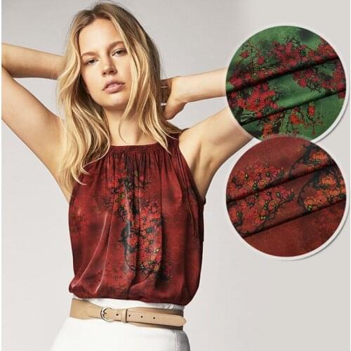 108CM Wide 19MM Floral Print Jacquard Stretch Green Red Silk Fabric Good for Summer Dress Skirt Shirt Pants JH049
