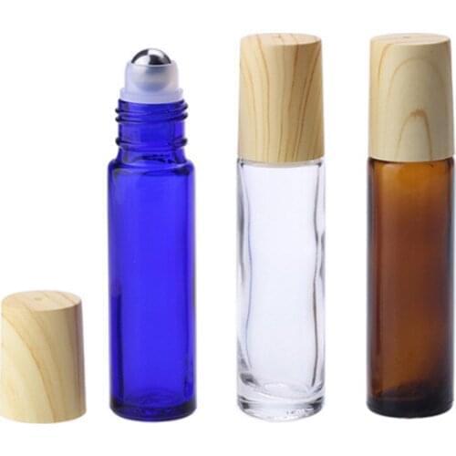 200 x 10ml Travel Amber Clear Blue Green Portable Glass Roll on Bottle Sample Vials with Metal Ball plastic imitation wood lids